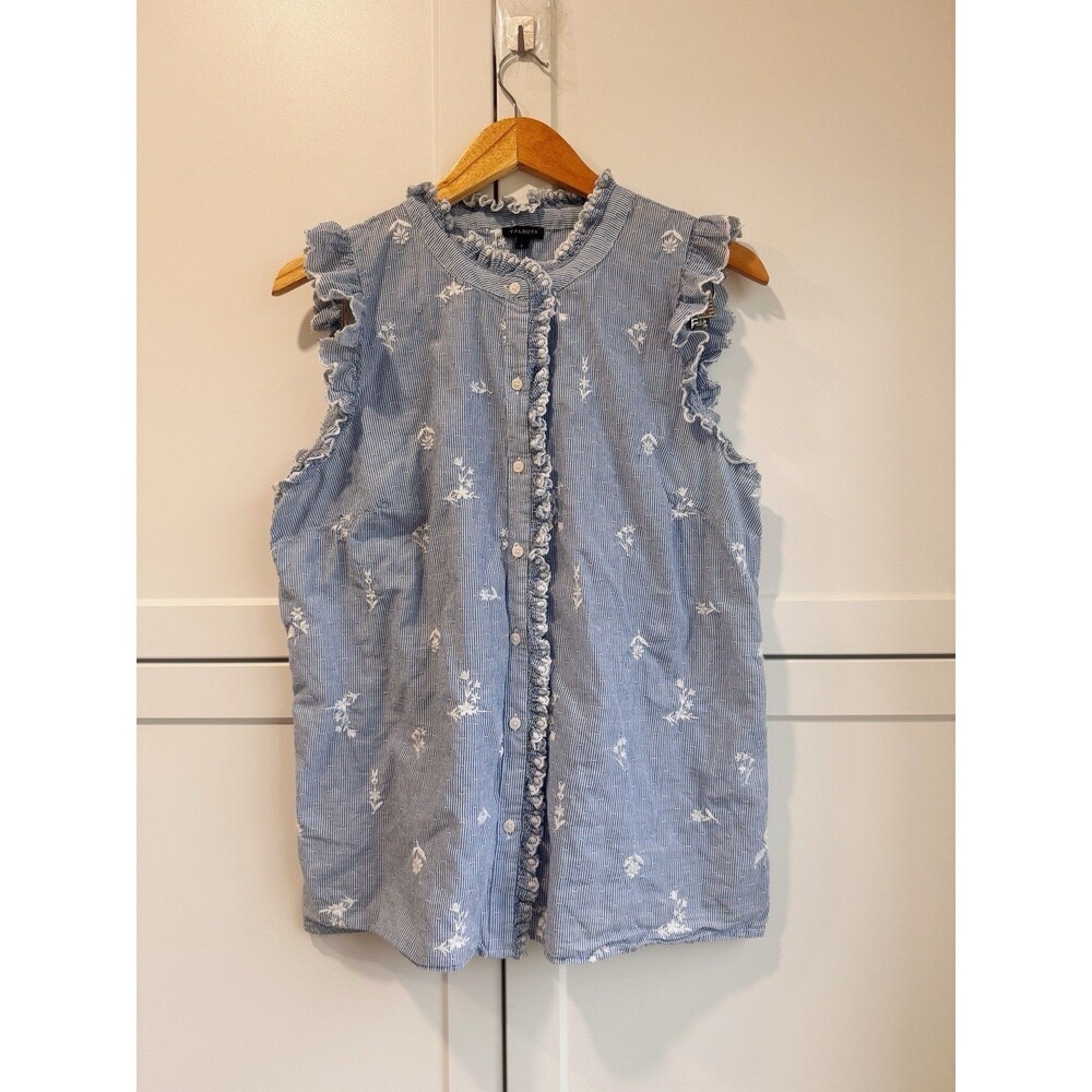 Talbots Cotton Blue Stripe Ruffle Button Down Top L Floral Embroidery Sleeveless